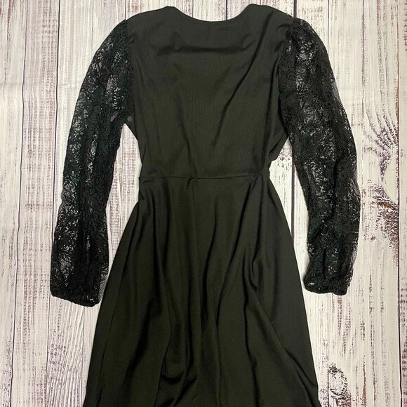 Black V-neck Midi Dress w/Lace Sleeves | L - Picture 2 of 3